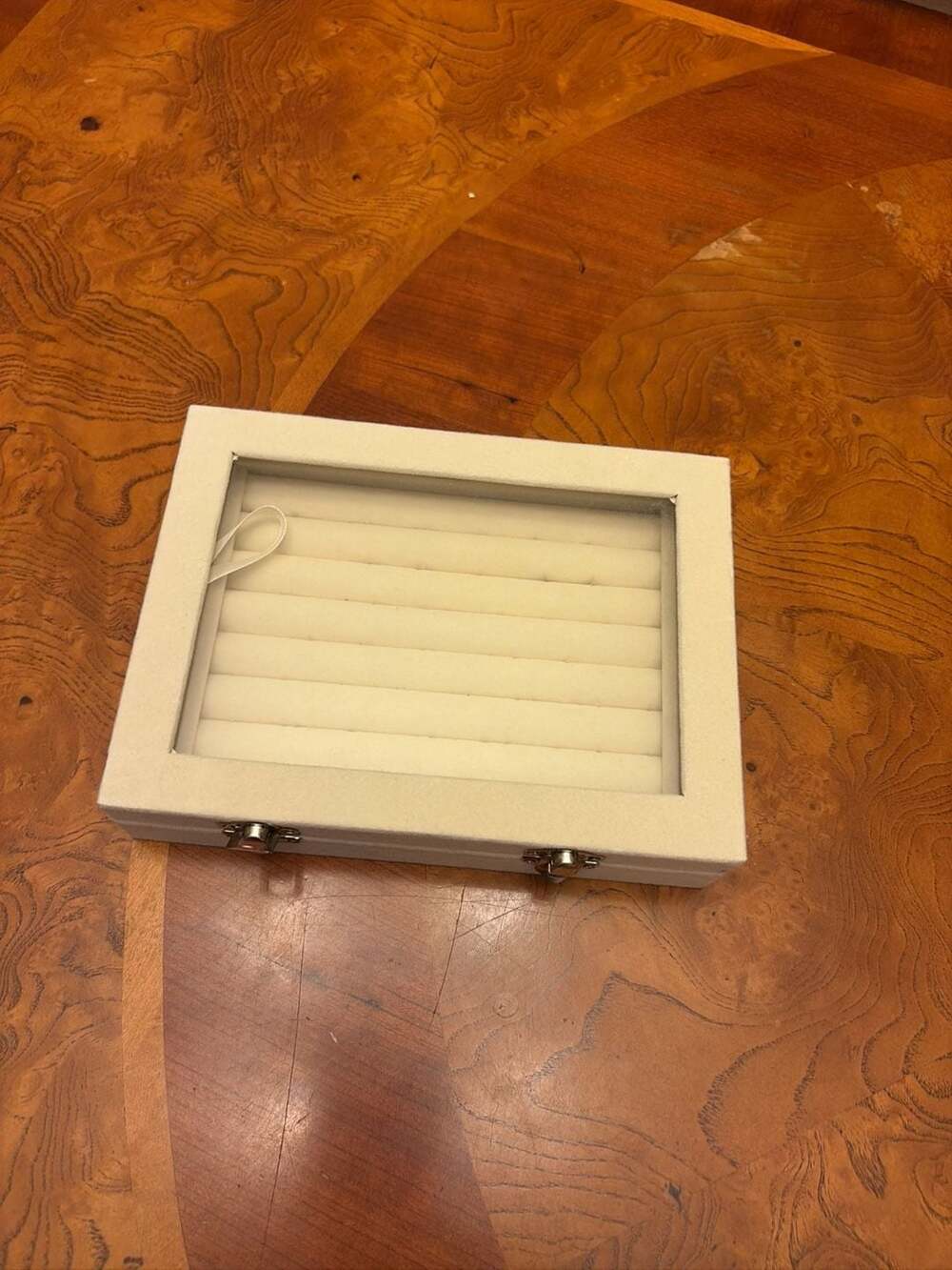 7-Slot Velvet Ring Storage Box with Clear Glass Lid and Clasps